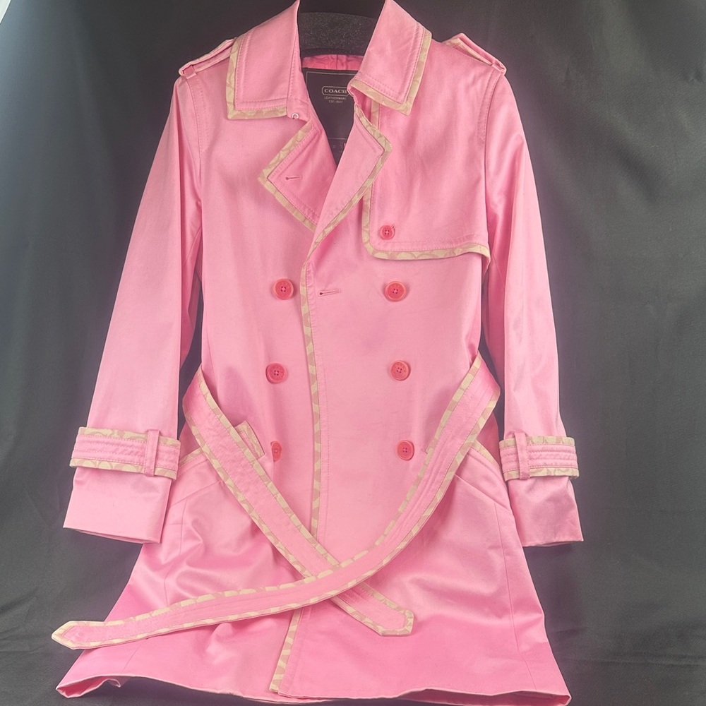 Vintage Coach Pink Sateen Trench Coat with Signature Fabric Trim
